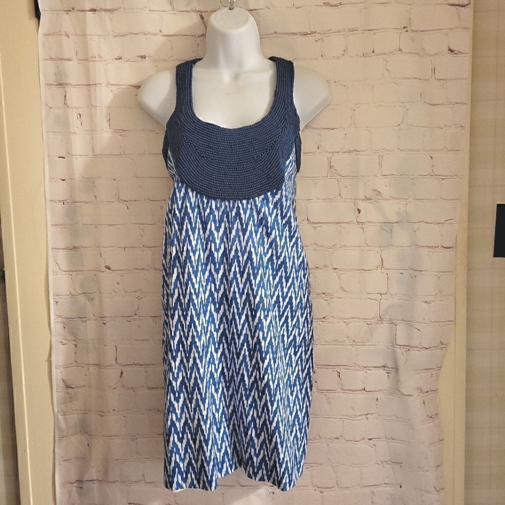 NWT Gretchen Scott Blue Beaded Yoke Sleeveless Ikat Print Sheath Dress Sz.XS